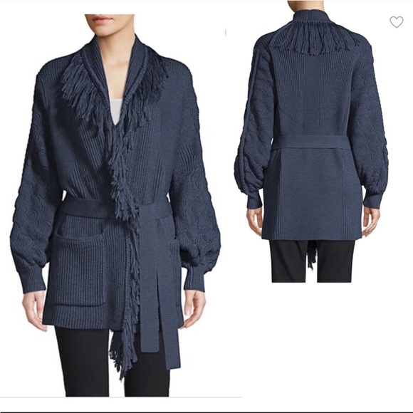 KOBI HALPERIN NWT Luxe Wool Knit Navy Blue Monica Fringe Belted Cardigan Sweater - Picture 8 of 16